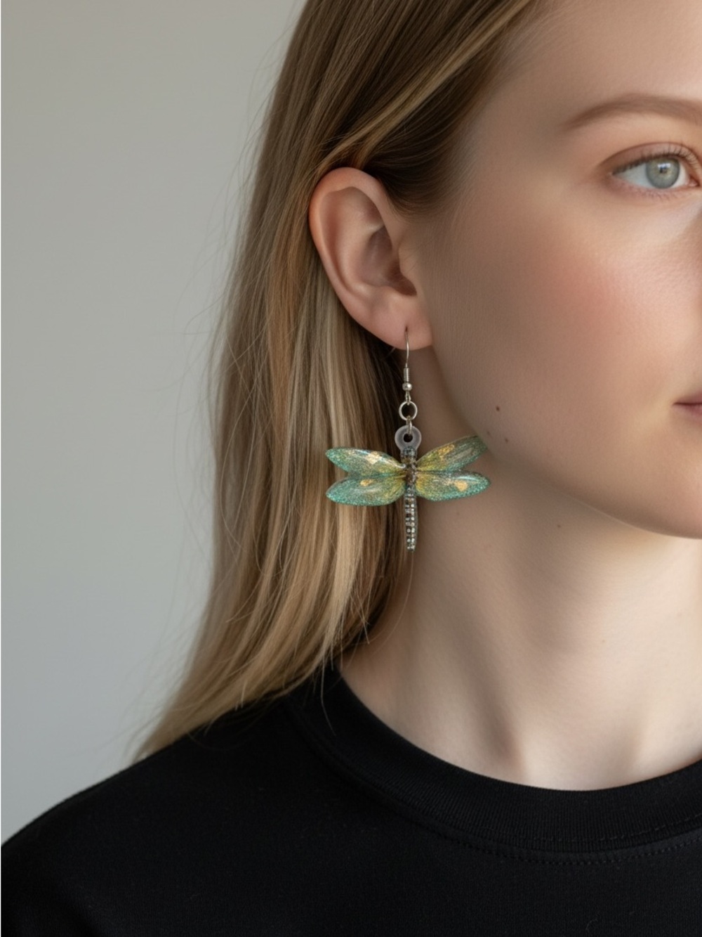 10/10 Handcrafted Green Dragonfly Drop Earrings